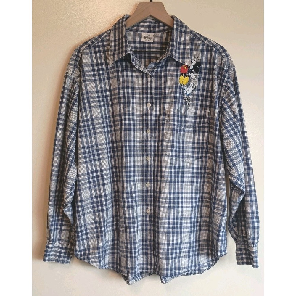 Vintage Disney Store Mickey Mouse Men's XL Plaid Button Front Shirt Embroidered
